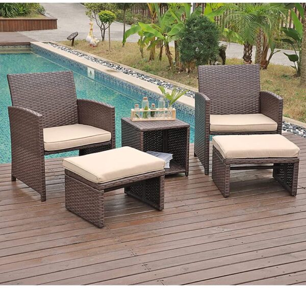 DEVOKO 5 Pcs Patio Conversation Set Balcony Furniture Set with Beige Cushions, Dark Brown Wicker Chair with Ottoman, Storage Table for Backyard, Garden, Porch