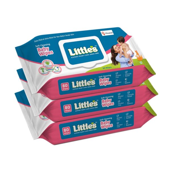 Little's Soft Cleansing Baby Wipes with Lid | 80 Wipes x Pack of 3 - 240 Wipes | Extra Thick & Moist Wet Wipes for Baby's | Prevents Rashes & Redness with Goodness of Aloe Vera, Vitamin E & Jojoba Oil