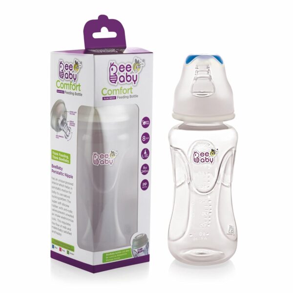 BeeBaby Comfort Regular/Slim Neck Baby Feeding Bottle with Anti-Colic Silicone Nipple. Infants, Toddlers, New Born. 100% BPA Free. (240 ML, Blue, 1)