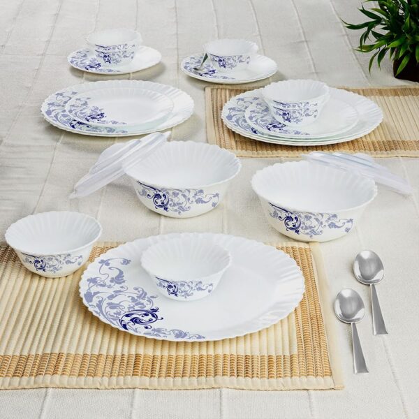 Larah by Borosil Silk Series Blue Eve Opalware Dinner Set with Steel Spoon | 41 Pcs for Family of 6 | Microwave & Dishwasher Safe | Bone-Ash Free | Crockery Set for Dining & Gifting | Plates & Bowls