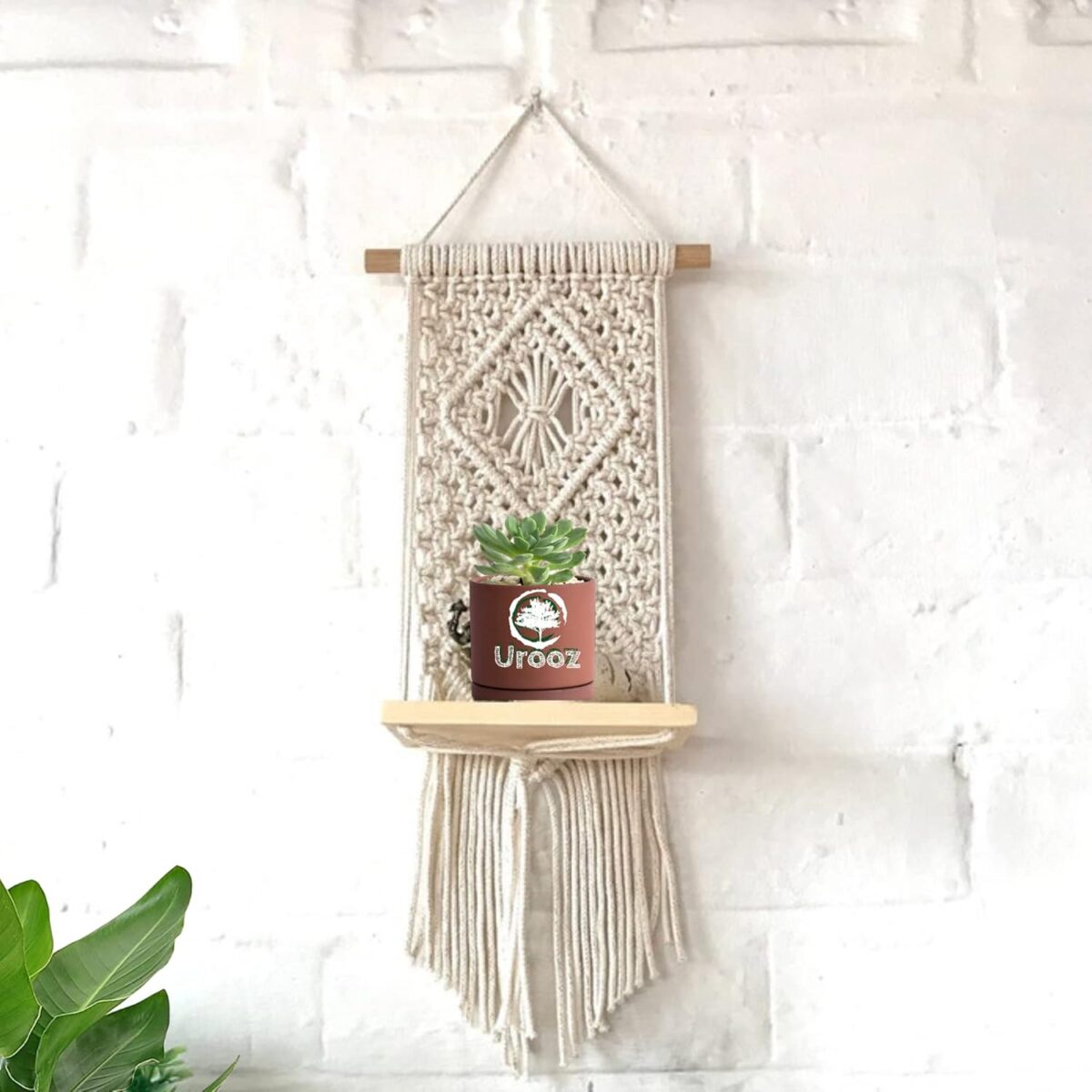 Urooz Macram Wooden Wall Hanging Shelf |975| Modern Chic Woven Macrame Tapestries, Wall Art Home Decor for Apartment, Dorm, Bedroom, Living Room, Nursery, Party Decorations, 15" Wx 16" H