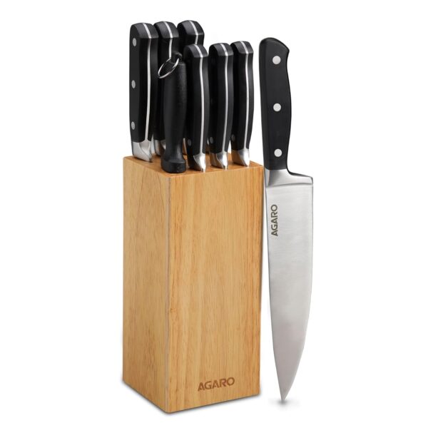 AGARO Galaxy 9 Pcs Kitchen Knives Set with Wooden Case, 7 Knives, 1 Knife Sharpener, 1 Wooden Case, High Carbon Stainless Steel, Non Slip Triple Rivet Strong Handle, Cooking, Cutting, Slicing, Silver.