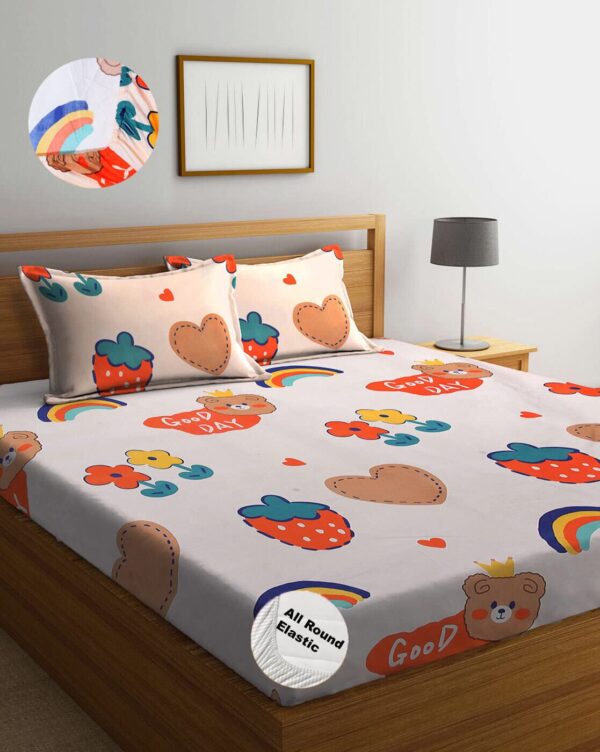 DECOMIZER Cartoon Kids Cotton Feel All Around Elastic Fitted King Size Double Bed Bedsheet with 2 Pillow Covers Fits Upto Mattress of 8 Inches,Size - 72 x 78 x 10 Inches,Design- Teddy