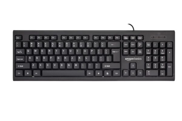 amazon basics Wired Multimedia Keyboard with 107 Keys, USB 2.0 Interface, for Gaming PC, Computer, Laptop, Mac