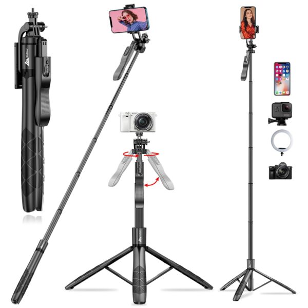 WeCool S5 Selfie Stick with Tripod Stand, 6section Telescopic Pole with 62in/158cm Long Stick, Ultimate Stability with 360° Rotating Handle & Reinforced Tripod Stand, Selfie Stick for Photos &Vlogging