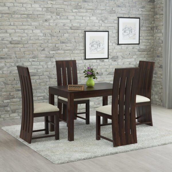 Ramdoot Furniture Sheesham Wood Rectangle Dining Table 4 Seater | Four Seater Dinning Table with 4 Cushioned Chairs for Home | Wooden Dinner Table 4 Seater | Dining Room Sets for Restaurants | Walnut