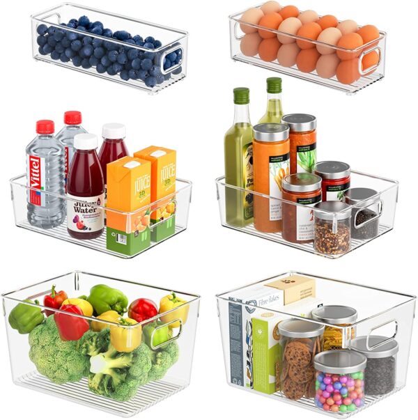 Snazzy Refrigerator Organizer Bins, Clear Pantry Organization and Storage with Cutout Handles, Set Of 6 Stackable Plastic Freezer Organizer Bins for Fridge, Cabinet, Kitchen Countertops - BPA Free