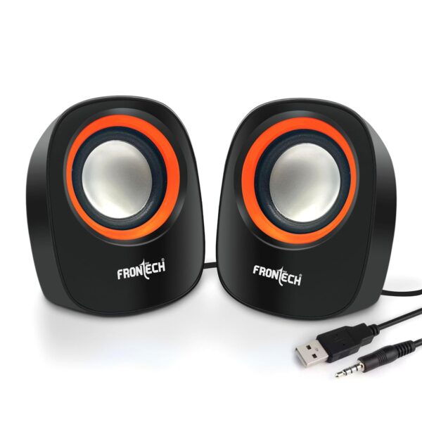 FRONTECH Premium 2.0 Channel USB Powered Speakers - 1.5W x 2 Output, AUX Input, Foam Edge, 1-Year Warranty (SPK-0003-Orange)