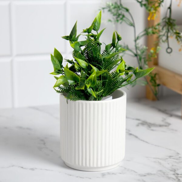 Anko White Linear Pot - Small | Ceramic Pot with Linear Design |Ideal for Indoor Plants |Planter for Home, Office, Garden, Balcony | Natural and Elegant| Drainage Hole| 11 Cm H X 10cm Dia. | 1 Piece