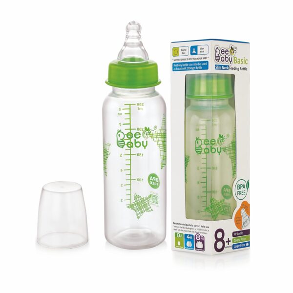 BeeBaby Basic Slim Neck Baby Feeding Bottle with Premium Anti Colic Silicone Nipple for New Born/Infant/Toddler/Babies, 100% BPA Free (250 ML, Green)