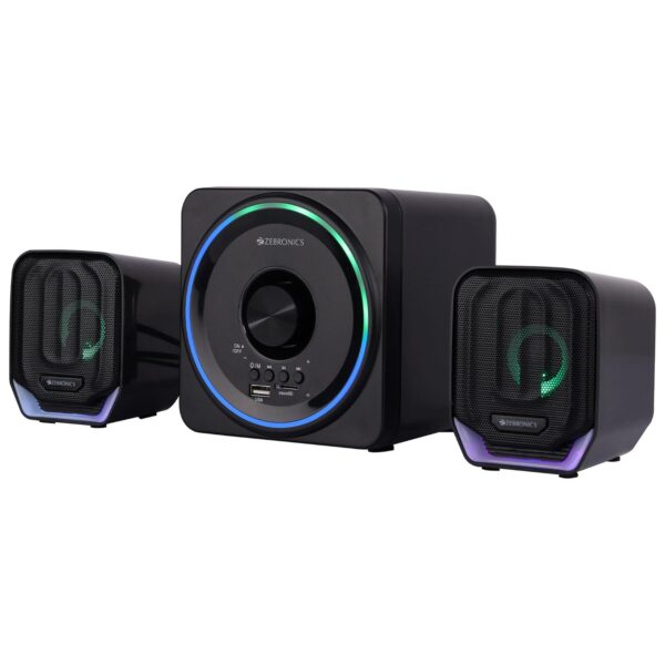 (Refurbished) ZEBRONICS PLUTO 2-2.1 Channel Desktop Speaker with 15 watts output, Bluetooth 5.0, USB, mSD, FM, 3.5mm jack Line Input, Inbuilt Volume Control, USB Powered, RGB Lights