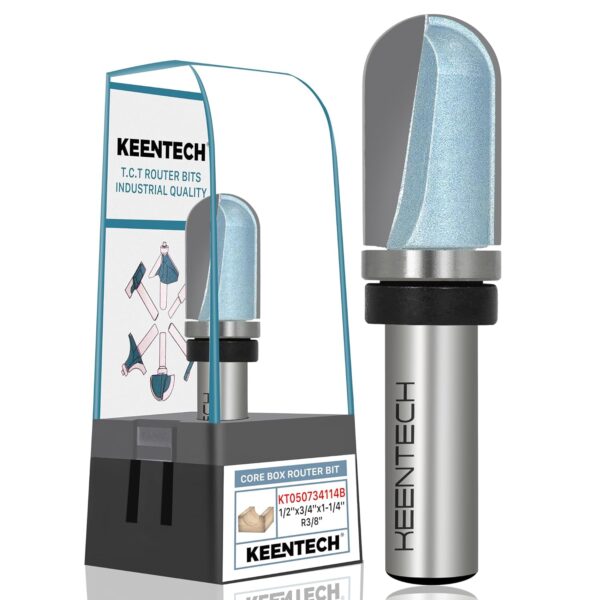 KEENTECH Long Blade Round Nose Router Bits with Bearing on Shank, 1/2" Shank, 3/4" Cutting Diameter, 1-1/4" Cutting Depth, Industrial Grade High Performance Cutting Tool for Woodworking,Blue(KT050734114B)