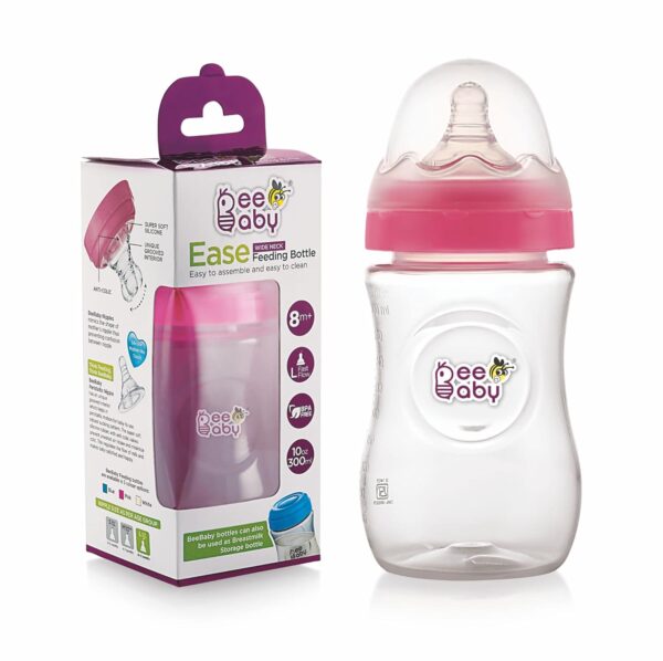 BeeBaby Ease Wide Neck Baby Feeding Bottle with Fast Flow Anti-Colic Soft Silicone Nipple. Infants/New Born/Toddlers. - 300 ML / 10 oz. | 100% BPA Free. (Pink) 8 Months +