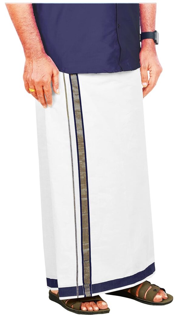 YETTALAN® Mens Gold Jari Line 100% Cotton Pure White Dhoti 4.00 Meters Double Mundu/Vesti