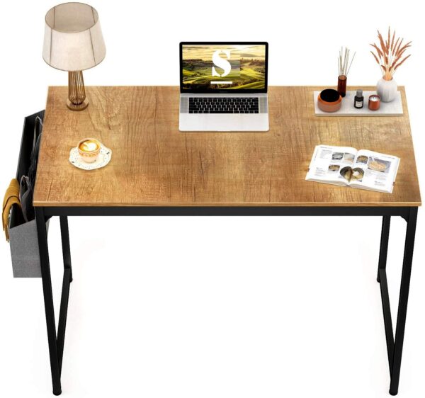 STAR WORK Engineered Wood Powder Coated Modern Computer Writing Table with 2 Hooks and Storage Bag (Beige, 30" H X40W X19D in , Black Metal Frame )