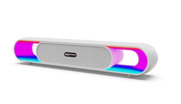 amazon basics SB18R 18W Bluetooth Soundbar with 2000 mAh Battery | 2X Bass | Up to 8 hrs of Playback | RGB LED Lights | Bluetooth 5.3, Aux & USB Connectivity (White)