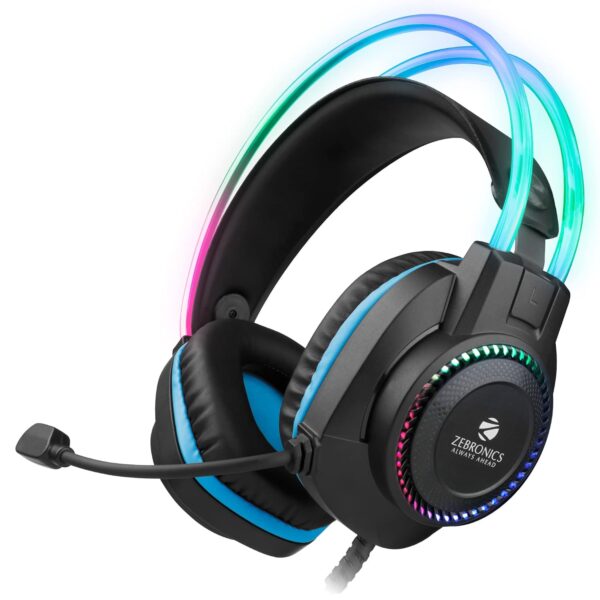 Zebronics Jet PRO Premium Wired Gaming On Ear Headphone with LED for Headband + earcups, 40mm Neodymium Drivers, 2 Meter Braided Cable, with mic, Suspension Design, 3.5mm + USB Connector (Black, Blue)