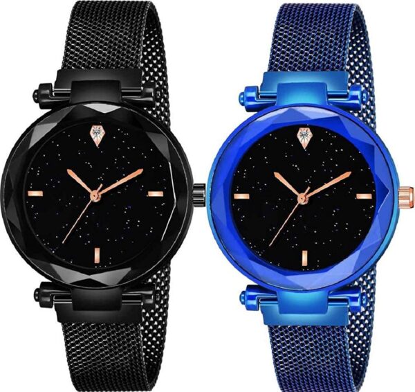 Acnos® Premium 4 Point Blue and Black Color with Trending Magnetic Analogue Metal Strap Watches for Girl's and Women's Pack of - 2(P-170-200)