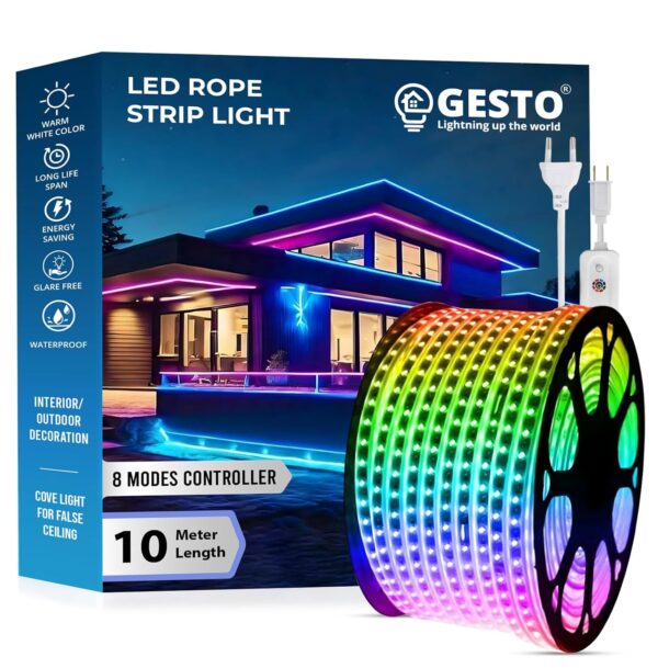 Gesto 10 Meter Rope Led Strip Lights – Outdoor Lights Waterproof for Balcony Decoration,Home Decor & Diwali Decoration| RGB Strip Light for Diwali Decoration with Mode Change Controller (Multicolor)