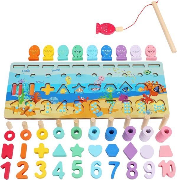 CHANNAPATNA TOYS Wooden Number Puzzle Sorting Toy - Montessori Educational Toddler Game - Shape Sorter, Counting, and Math Learning - Stacking Fishing Blocks for 2-5 Year Olds