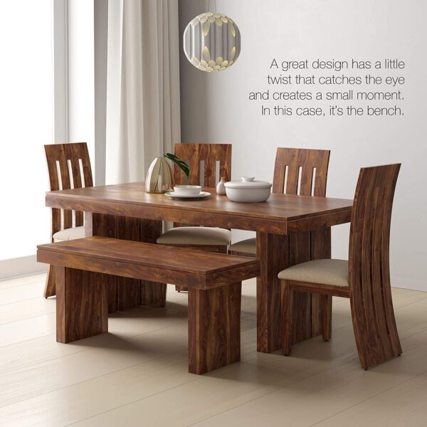 CUSTOMCRAFTS Dining Table Set of 4 Chairs, 1 Bench & 1 Table | Sheesham Wooden | Art Honey Finish | Easy to Assemble (Poster Art Honey 6S)