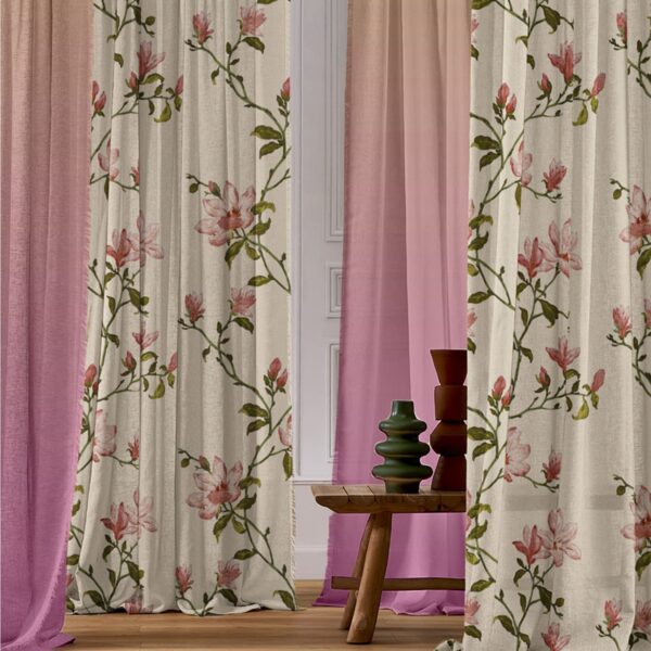 SPACES DRAPE STORY Polyester Elegant Floral & Ombre Digital Print Combination Room Darkening Semi Sheer Grommet Curtains- Set Of 4 Door Curtain (Pink & Beige)