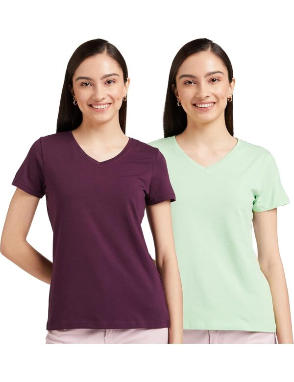 Amazon Brand - Symbol Women's Solid Cotton Stretch Half Sleeve V-Neck Regular Fit T-Shirt (Pack of 2)