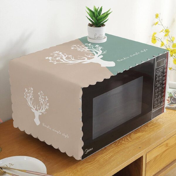 DARSHANAM WORLD Polyester Microwave Oven Cover, Waterproof Modern Design Kitchen Oven Cover Attractive Decorative Dust Proof Appliance Oven Top Cover (100 X 35 Cm) (Green Ivory Deer Design)