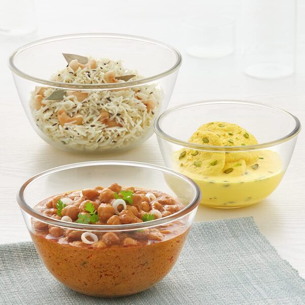 Borosil Glass Mixing & Serving Bowl Set, Set of 3, Oven & Microwave Proof, 350 ml +500 ml + 900ml, Clear (IYECSB03NL3559)