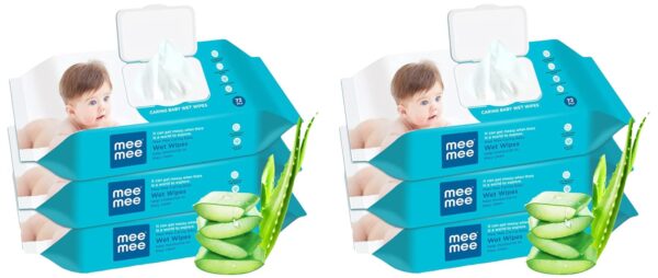 Mee Mee Caring Baby Wet Wipes with lid, 72 Pcs (Aloe Vera, Pack of 6)