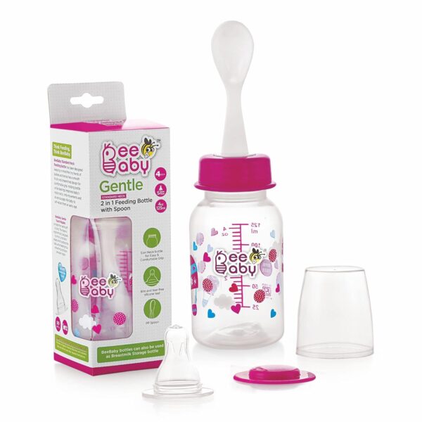 BeeBaby Gentle 2 in 1 Slim Neck Baby Feeding Bottle with Gentle Touch Anti-Colic Silicone Nipple & (Plastic) Feeder Spoon, 4 Months +. (Pink, 125 ml)