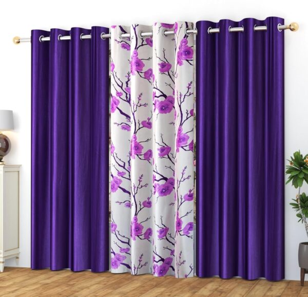 Yarnis 7 feet Polyester Light-Filtering (2 Plain + 1 Floral Printed) Eyelet Door Curtain, Purple, Combo Pack of 3