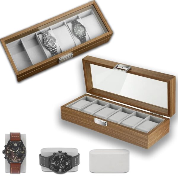 KLIFFOO Watch Box Organizer 6 Slots,Wooden Watch Storage Box with Large Glass Display Men's and Women's Watch Box Holder Organizer Case with Removable Pillows,Jewelry Bracelet Collection Box