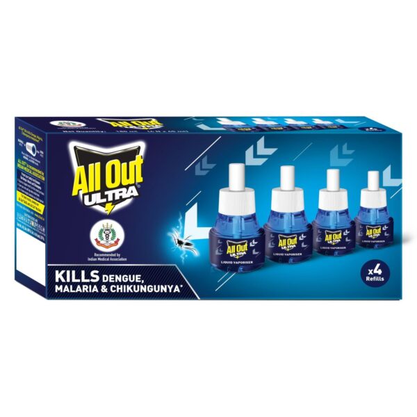 All Out Ultra Liquid Vaporizer, 4 Refills (45ml) | Kills Dengue, Malaria & Chikungunya Spreading Mosquitoes | India's Only Mosquito Killer Brand Recommended by Indian Medical Association