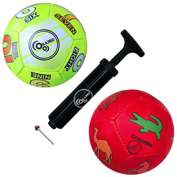 KARBD Combo Set of 2 Football with Air Pump and Needle Pin - 12 Panel Ball for Turf & Soft Ground, PVC, Toddlers Age 1-2-3 & Small Kids Play Size 1 Mini, Green Numbers & Red Animals Learning