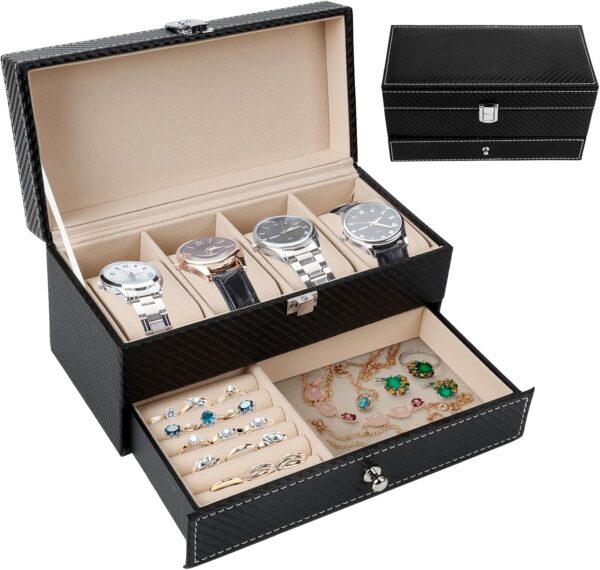 Mokshith 4 Grids Watch Box with Drawer, 2-Layer Watch Organizer Case with Top,Travel Jewelry Bag Jewelry Box Organizer, Storage Case for Men and Women (MO-02)