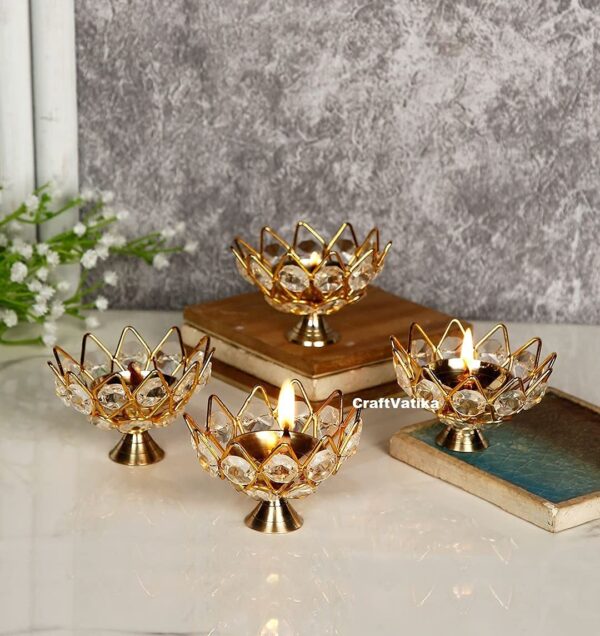 Collectible India Diwali Diya Crystal Round Akhand Diya for Puja Brass Small Kamal Deep Jyoti Oil Lamp for Home Temple Pooja Decor Gifts Pack of 4