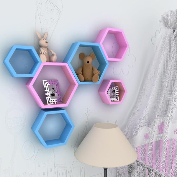 DECORVISTA Hexagon Shape Wall Rack Shelves Floating Storage Shelf for Home & Room Décor Living and Bedroom Decoration (Set of 6 Piece, Pink+Blue)