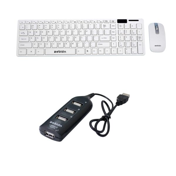 ZEBION G1600 Wireless Keyboard Mouse Combo with Nano Receiver,Elegant and Ergonomic chiclet Design, Tested 15 Million keystrokes and clicks with Pronto 101 USB 4 Port Hub (G1600-WH-Pronto 101, White)