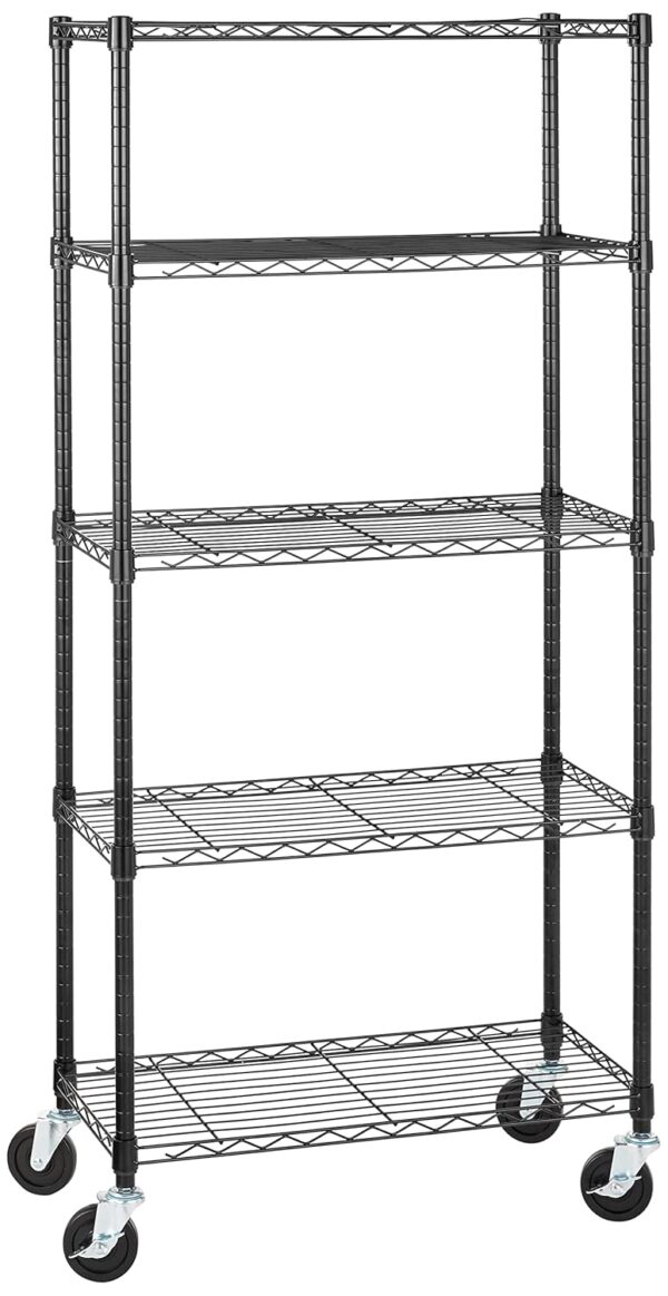 amazon basics 5-Shelf Shelving Casters, Alloy Steel Metal Organizer/Storage Unit On 4'' Wheel With Wire Rack (Black, 30L X 14W X 64.75H, Steel And Metal Shelves), Floor Mount