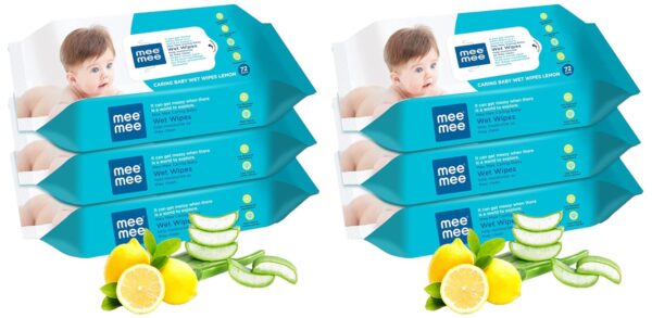 Mee Mee Baby Gentle Wet Wipes Infused with Aloe vera & Lemon Extracts, Mild fragrance for Babies/Kids/Infants (Pack of 6, Count 72 Pieces)