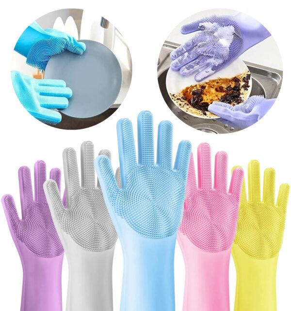 MIP INTERNATIONAL® Magic Silicone Dish Washing Gloves, Silicon Hand Gloves for Kitchen Dishwashing and Pet Grooming, Great for Washing Dish, Car, Bathroom (Multicolour, Pack of 2 Pieces)