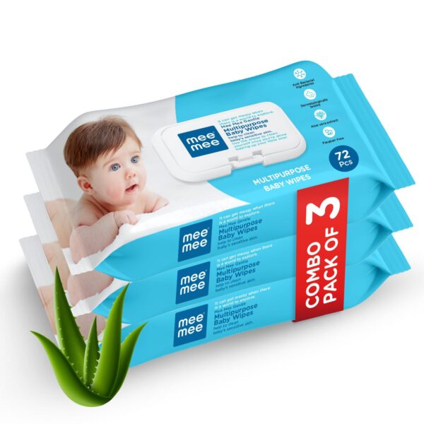 Mee Mee Baby Wet Wipes (72 wipes, Pack of 3) with Aloe Vera extract and Fliptop Lid | Cleansing Wipes Combo