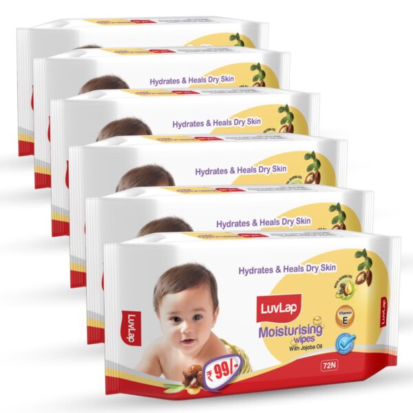 LuvLap Moisturising Wet Wipes without Lid For Baby Skin, Enriched With Jojoba Oil & Vitamin E, pH Balanced, Dermatologically Safe, Paraben & Sulphate Free, 72 Wipes, pack of 6