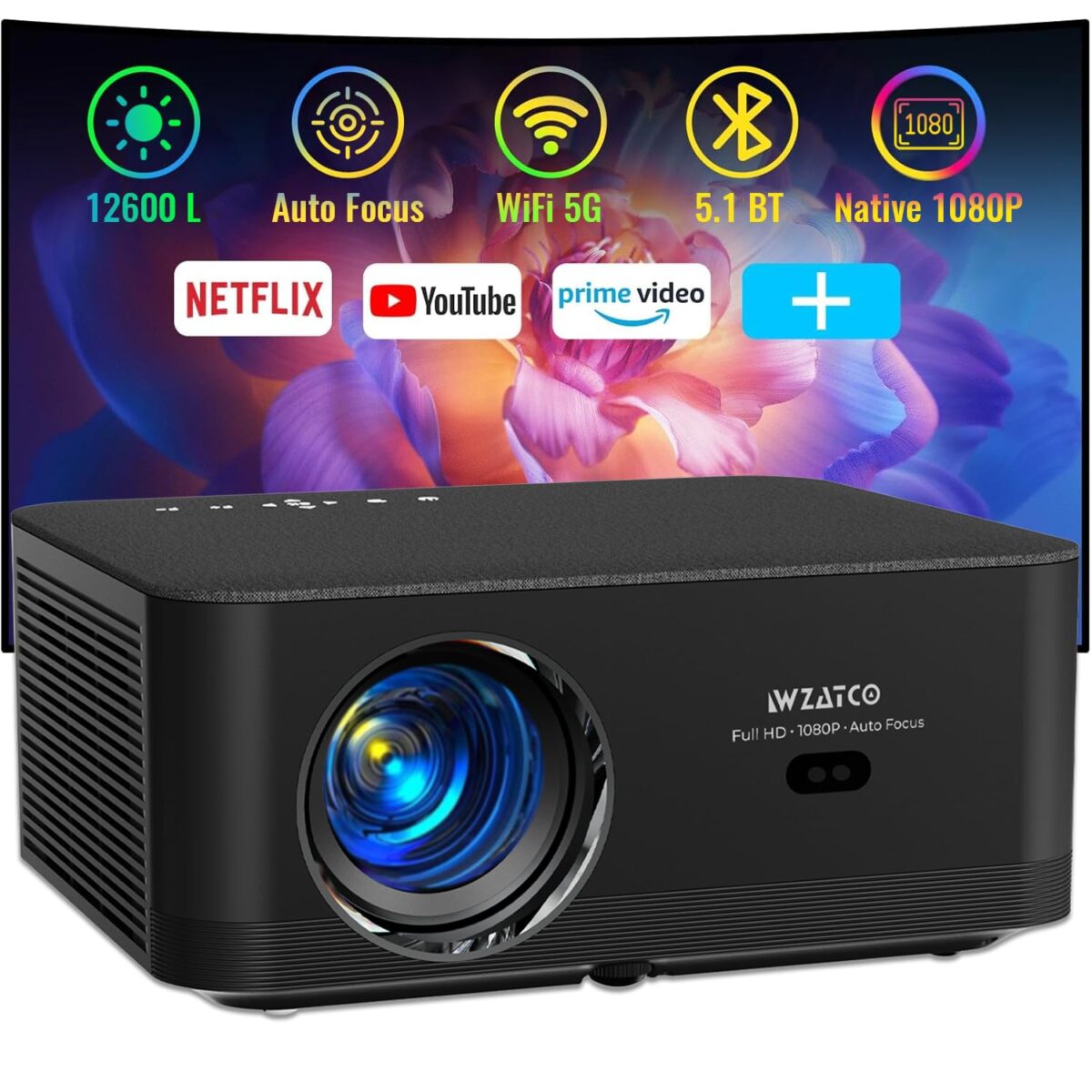 WZATCO Neo (Upgraded) Fully Automatic, 12600 Lumens Full HD Native 1080P, 4K HDR Android Projector for Home (Auto Focus + Auto Keystone), ARC, Dual WiFi & BT, YouTube, Netflix, Prime & More