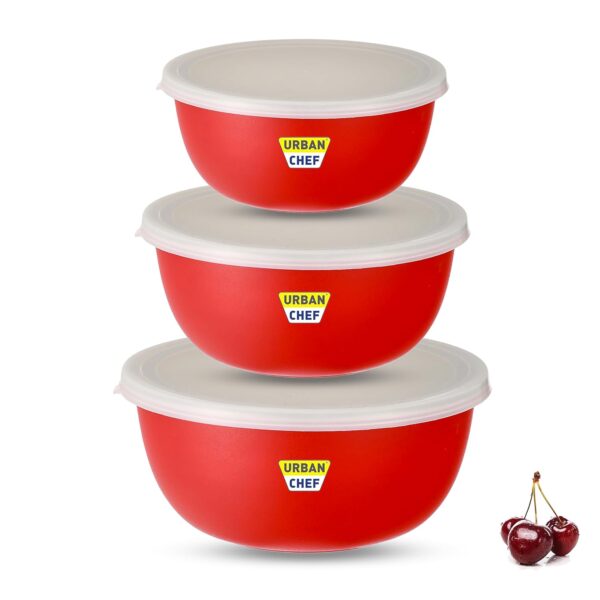 URBAN CHEF Microwave Safe Bowl | 1 Year Warranty | Serving Bowl with Lid, Mixing Bowl, Serving Bowl, Oven Bowl Set Microwave, Flora Stainless Steel Bowl Set of 3 with 500ml, 800ml & 1250ml (Red)