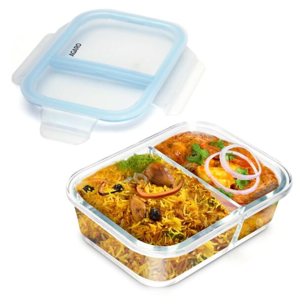 AGARO Compartment Lunch Box/Container 600Ml, Office Tiffin Box for Men & Women, Borosilicate Glass Body, Microwave Oven Safe, Leak Proof Locking Lid, Airtight Tiffin for Office, Transparent