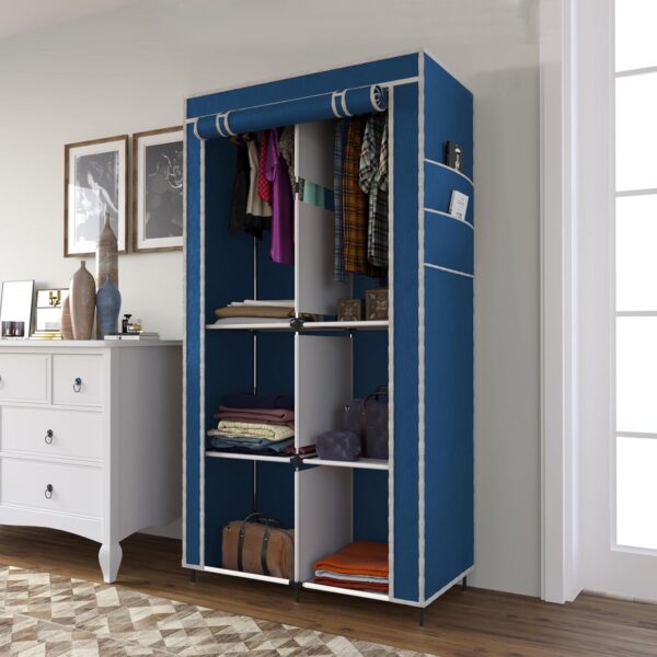 GTC® Collapsible Wardrobe Closet for Clothes Almira, 2 Hanging Space, 6 Shelves, 1 Side Pocket Non-Woven Fabric 7700-3 (Blue)