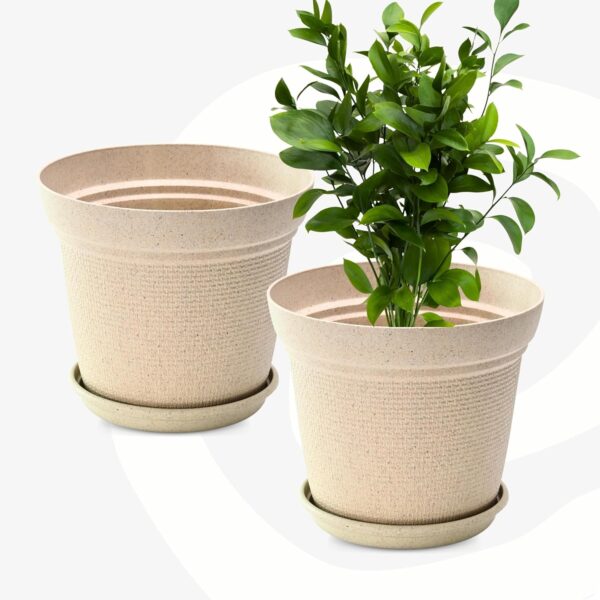 Eha Set of 2 Earth-Friendly Aura 8 Inch pots and Planters | Bamboo Based | UV Protected | for Indoor, Home Decor, Outdoor, Balcony & Garden | Sandcastle