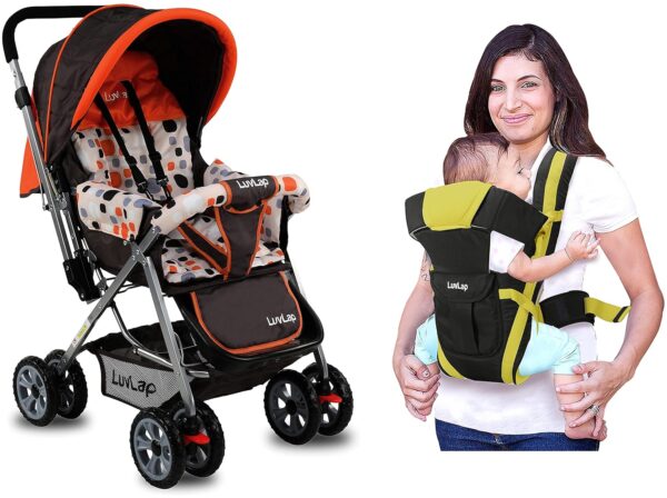 LuvLap Sunshine Stroller/Pram, Easy Fold, for Newborn Baby/Kids, 0-3 Years (Orange) & Elegant Baby Carrier with 4 Carry Positions, for 4 to 24 Months Baby, Max Weight Up to 15 Kgs (Black & Green)